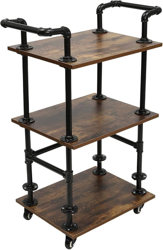 Industrial Bar Cart with Wheels, 3-Tier Rolling Kitchen Cart with Storage, Mobile Serving Cart for Wine Tea Liquor, Vintage Style for Home Bar Cafe