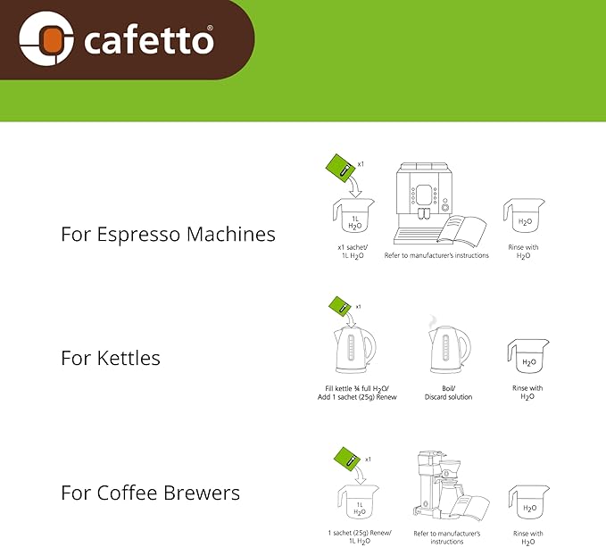 verybarista Renew Descaler (6 x 25g sachets). Designed for espresso machines, boilers and coffee brewers. Safe to use on aluminium, brass and stainless steel