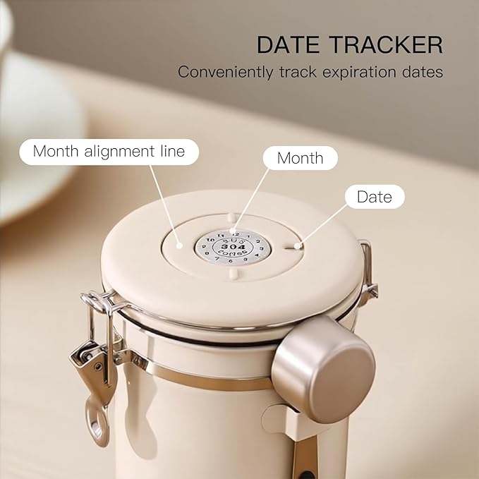 MEGAWISE 304 Stainless Steel Coffee Canister – Large Capacity Kitchen Container with CO₂ Valve & Date Tracker, Vacuum-Sealed Canister for Coffee Beans, Grounds & Dry Goods (1.8, Liters)