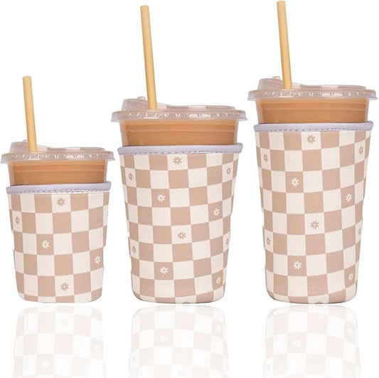 Reusable Insulated Neoprene Iced Coffee Cup Sleeve, Durable Drink Sleeve for Cold Beverages, Beverage Holder for Iced Coffee, Floral Checkers