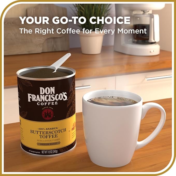 Don Francisco's Butterscotch Toffee Ground Flavored Coffee: Rich 100% Arabica Beans with Sweet Buttery Aroma - Family-Crafted for Delightful Mornings (12 oz Can)