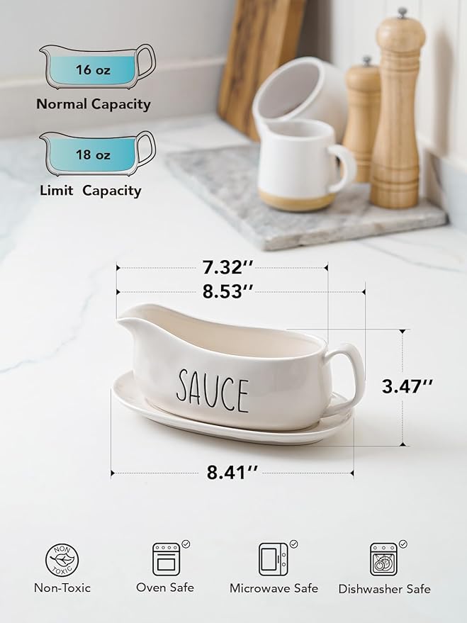 LE TAUCI Gravy Boat with Saucer Stand 16oz, Ceramic Sauce Boat with Tray for Salad Dressings, Creamer, Broth, Black Pepper, Set of 1, Oyster White