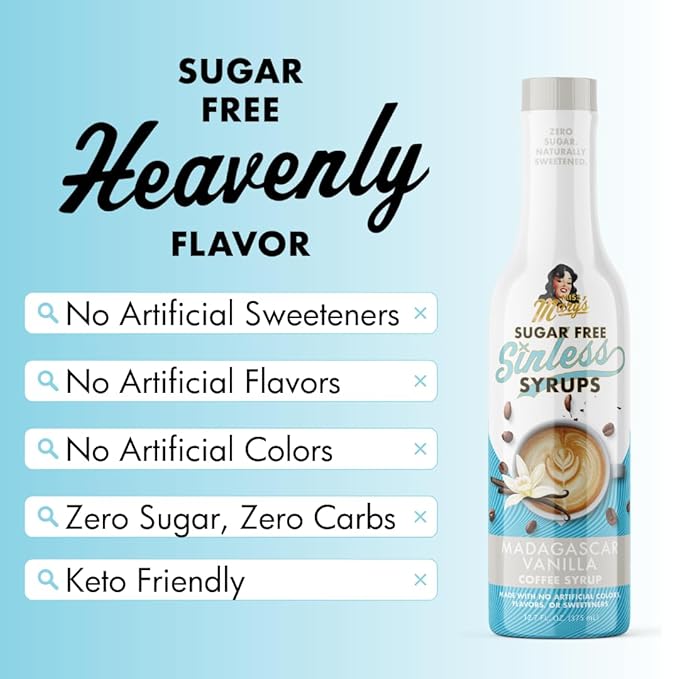 Miss Mary's Madagascar Vanilla Sugar Free Coffee Syrup- Stevia Based, No Sugar Alcohols or Sucralose, No Artificial Sweeteners, Natural Ingredients, Coffee Tea Cocoa Dessert, Keto Friendly, 1 Pack