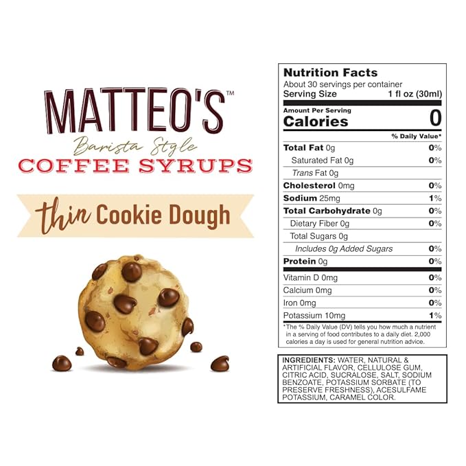 Matteo's Cookie Dough Syrup for Coffee, Lattes, Cappuccinos & Desserts – Sugar-Free Sweetener for Beverages, Keto Friendly, Zero Calories, Indulgent Flavor, Non-Alcoholic, 33.8oz (6pk)