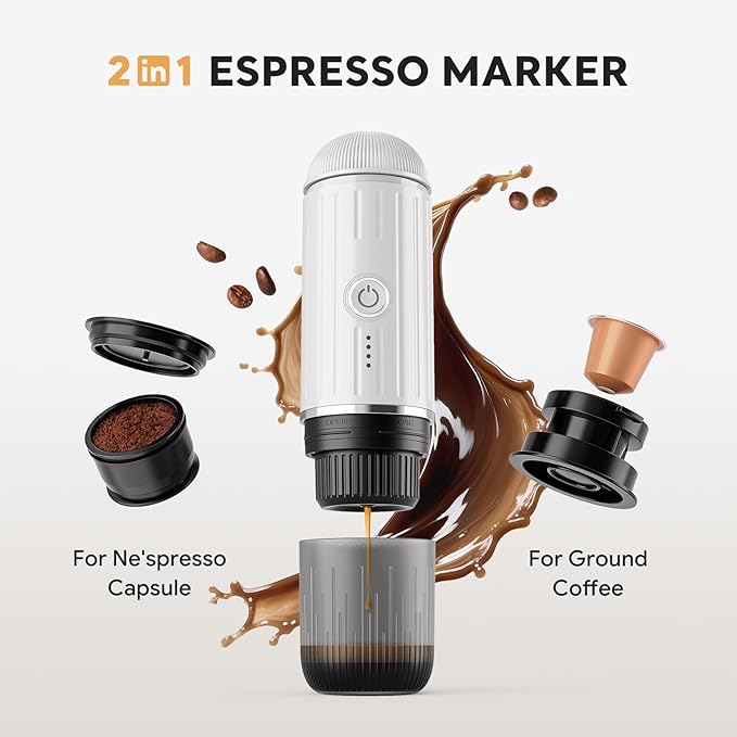 Portable Electric Espresso Coffee Maker for Ground Coffee & NS Capsule Espresso Machine Fast Self-Heating Technology‌ with USB-C Perfect for RV, Hiking, Camping, Office & On-the-Go Lifestyles, White