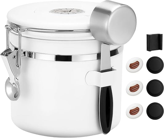ShanSon Coffee Canister Airtight Coffee Container Stainless Steel Coffee Bean Storage Container with Scoop Coffee Canister for Beans Grounds Sugar Flour Tea Cereal,11OZ, White