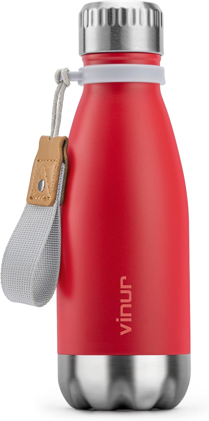 VINUR Kids Water Bottle-9 oz Stainless Steel Double Wall Vacuum Insulated Water Bottle for School-Cola Shape Flask with Carry Rope, Canyon Red