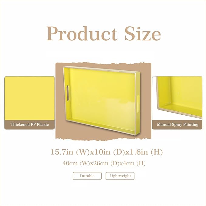Zosenley Decorative Plastic Serving Tray with Handles, Modern Vanity Organizer for Bathroom, Kitchen, Ottoman and Coffee Table (Yellow, Rectangular)