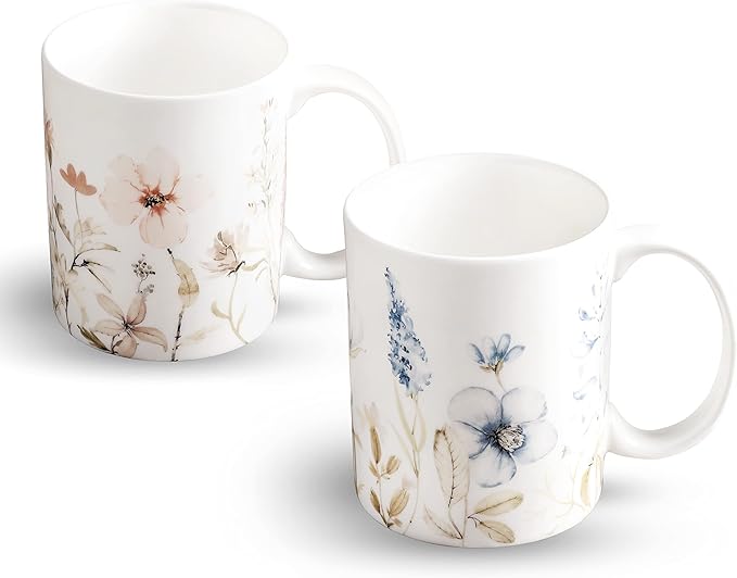 Maison d' Hermine Coffee Mug with Handles Fine Bone China Mugs Pack of Two Tea Cups for Hot Beverages Cappuccino Latte Home Restaurant Office Perfect for Gift (Ice Florals, 15 Ounce)
