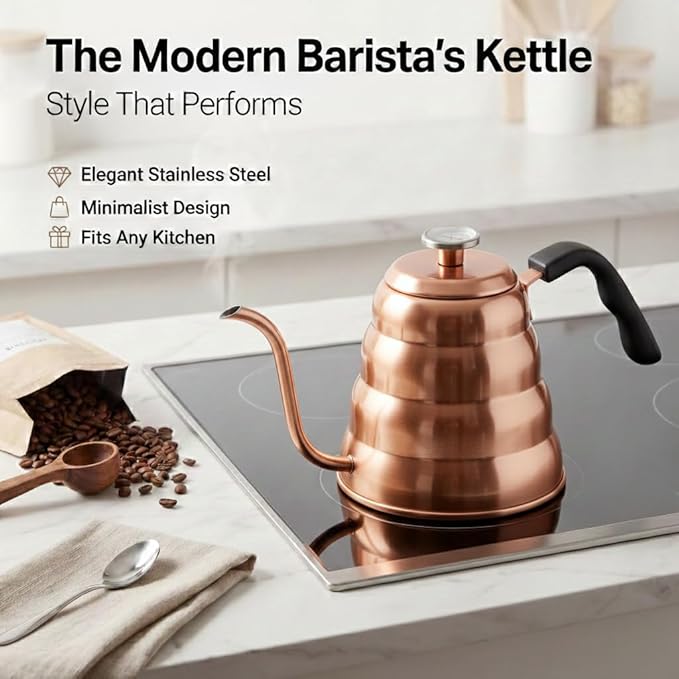 Barista Warrior Gooseneck Kettle for Pour Over Coffee & Tea - 1.2L Kettle Stovetop with Built-In Thermometer, Precision Drip Spout, Stainless Steel - Copper Coated Stainless Steel