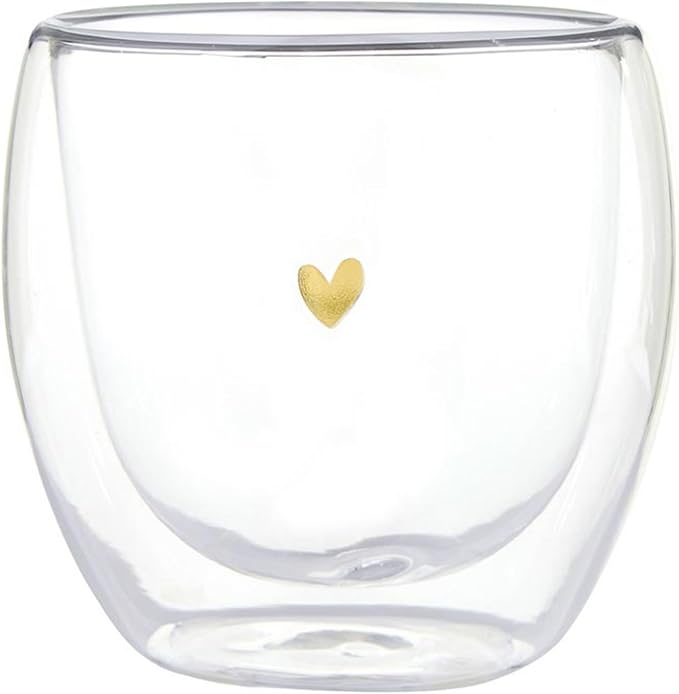 Gift Tea Cups Insulated Double Walled Glass Coffee Mug, 8.5-Ounce, Gold Heart