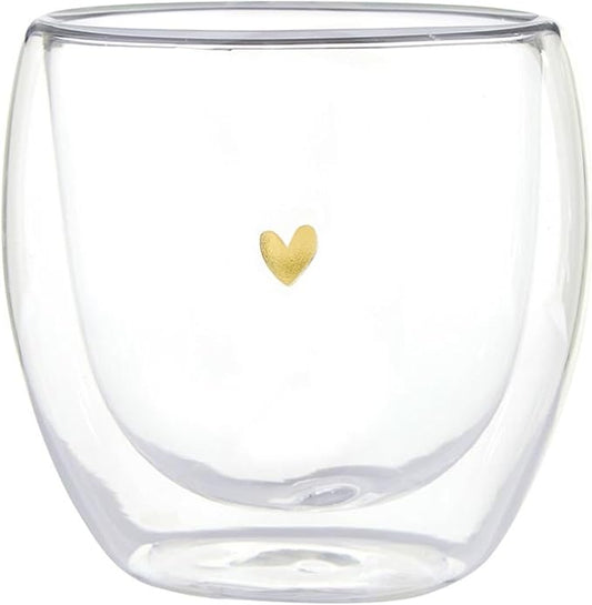 Gift Tea Cups Insulated Double Walled Glass Coffee Mug, 8.5-Ounce, Gold Heart