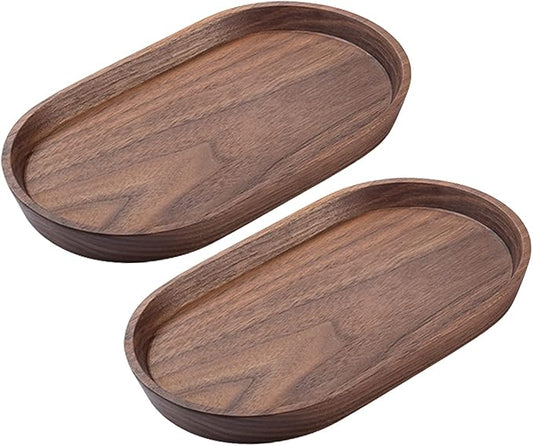 Mini Serving Trays for Parties, Small Decorative Tray for Tea＆Coffee, Oval Wooden Plates for Serving Food for Appetizer＆Vegetables for Bathroom 7.8"×4.6" (Walnut, Set of 2)