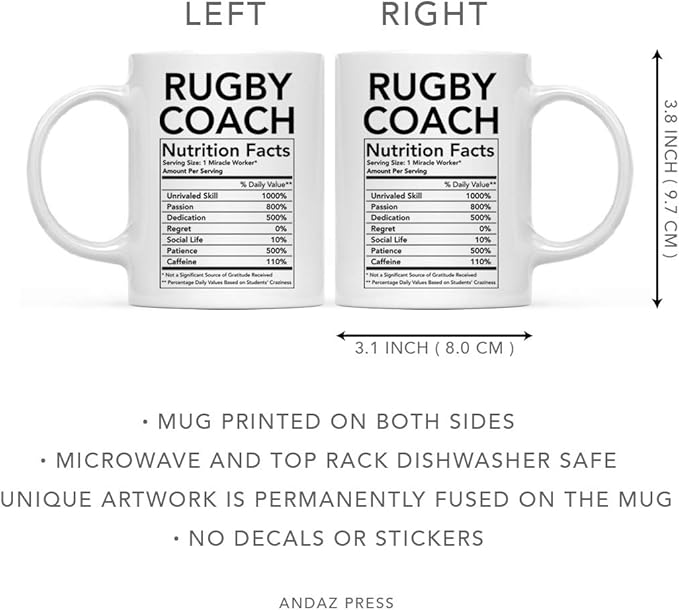 Andaz Press Funny 11oz. Ceramic Coffee Tea Mug Thank You Gift, Rugby Coach Nutritional Facts, 1-Pack, Novelty Gag Birthday Christmas Gift Ideas Coworker