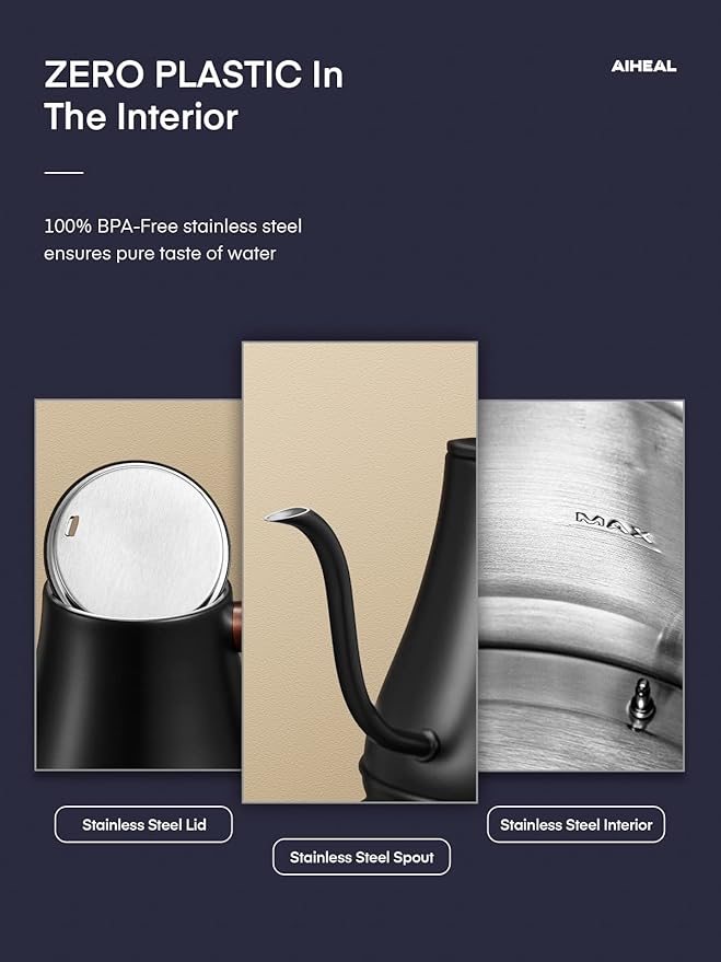 Electric Gooseneck Kettle Temperature Control, Pour Over Electric Kettle for Coffee and Tea, 100% Stainless Steel Inner, 1200W Rapid Heating, 0.8L, Built-in Stopwatch, Matte Black