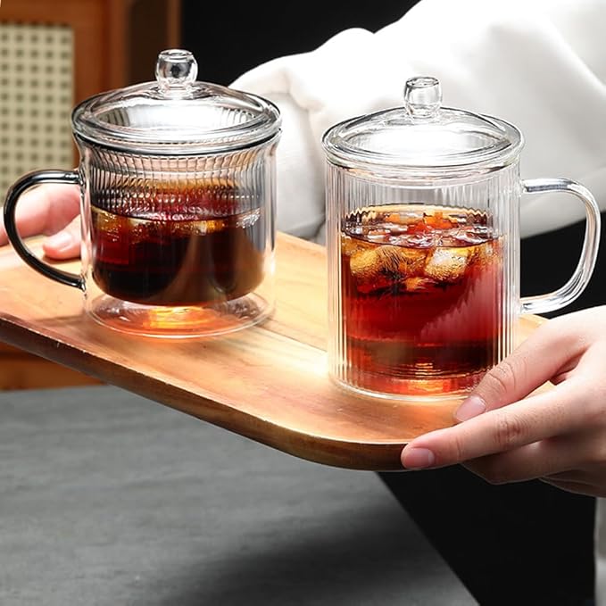 11OZ Double Walled Coffee Mugs Glass with Lid Handles,Cups for Latte,Hot Tea,Cappuccino, Mocha,Cocoa,Hot & Cold Beverages Glasses Heat Resistant Coffee Cups(CLEAR)