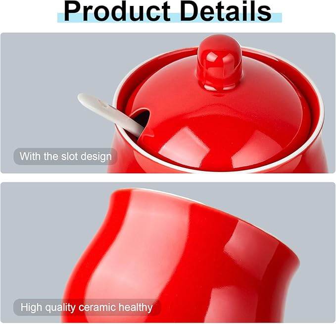 12 OZ Ceramic Sugar and Creamer Set, Coffee Serving Set, 3 Piece Cream Pitcher Sugar Bowl with Lid and Spoon (Red)