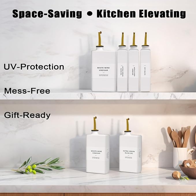 Olive Oil Dispenser Bottle for Kitchen 11.8oz, UV-Blocking Oil and Vinegar Dispenser Set, Soy Sauce Dispenser, Coffee Syrup Bottles, Modern Kitchen Decor (White, Set of 2)