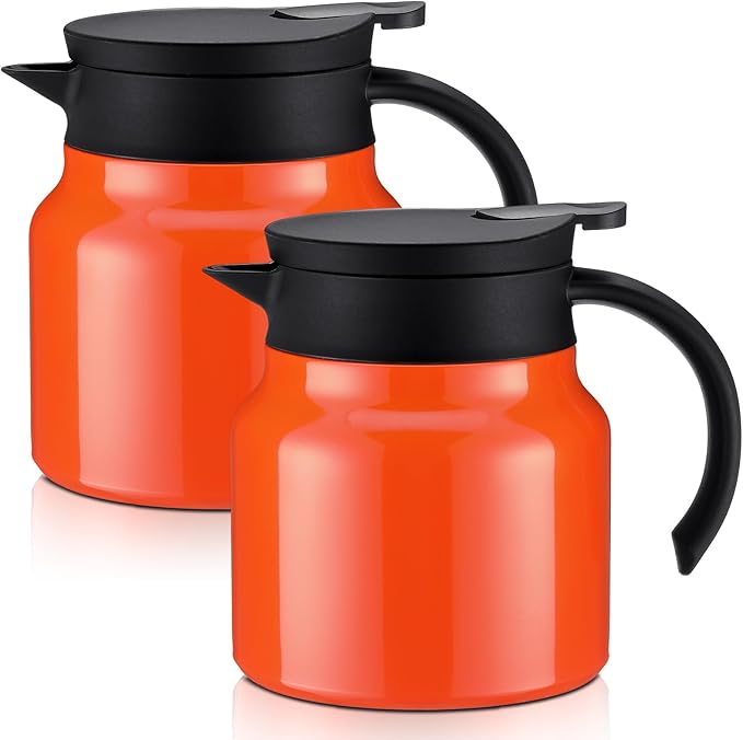 2 Pcs Thermal Coffee Carafe for Keeping Hot/Cold Stainless Steel Small Coffee Creamer Container Double Wall Vacuum Insulated Tea pot Beverage Dispenser for Milk Hot Chocolates (Orange,27 oz)