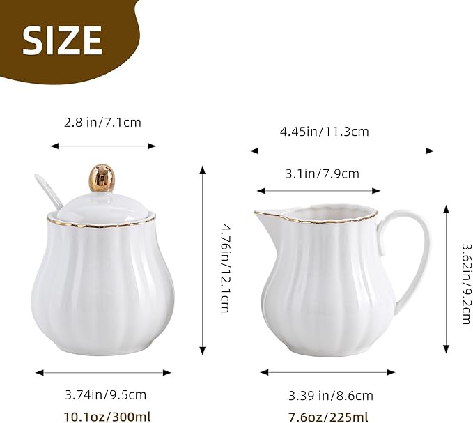 Ceramic Sugar and Creamer Set, 3 Piece Set with Cream Pitcher, Sugar Bowl, Spoon (White)