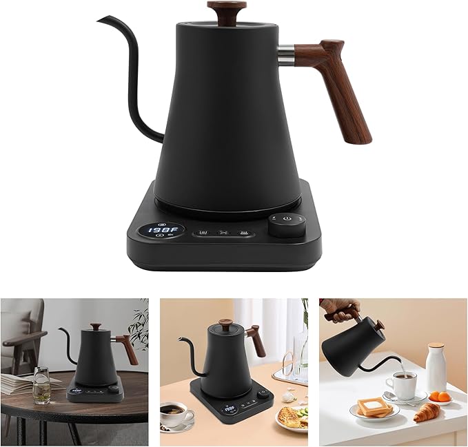 Electric Gooseneck Kettle, 1200W Quick Heating with LED Display, Stainless Steel Inner, Adjustable Temperature, 24H Insulation, Auto Shut Off, for Pour Over Coffee, Tea, French Press (Black)