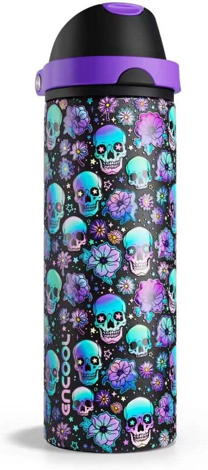 Insulated Water Bottle with Straw - Encool Stainless Steel Water Bottle with Push Button Lid, Leak-Proof & BPA-Free, Keeps Cold for 24 Hours for Sports, Travel, Gym (24 oz, Floral Afterlife)