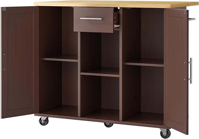JY QAQA 42" Kitchen Island with Storage on Wheels, Rolling Table with Drop Leaf, Drawers, Cart Handle for Towel Rack or Free Movement, Brown
