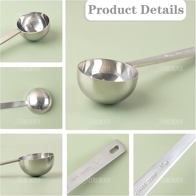 AUEAR, 1 Pack Coffee Measuring Scoop 304 Stainless Steel Spoon Tablespoon Spoons Kitchen Scoops with Long Handle for Home Milk Tea Sugar Powder Silver 30ml