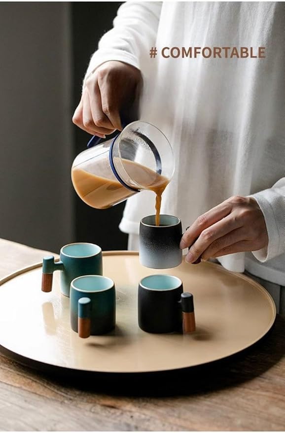 2-Oz Ceramic Espresso Cups with Wood Handle, 2/4-Piece Set for Coffee, Tea, Latte - Dishwasher Safe, Multi-Color & Wood Styles, Gift & Café Use (balck, Wooden Handle2)