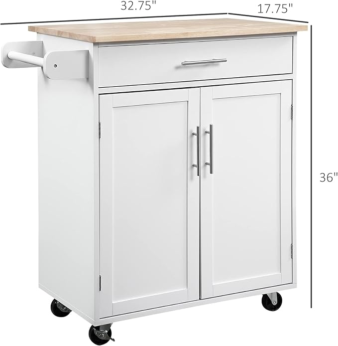 HOMCOM Kitchen Island Cart, Rolling Island Table with Solid Wood Top, Trolley Cart with Drawer, Storage Cabinet & Towel Rack, White