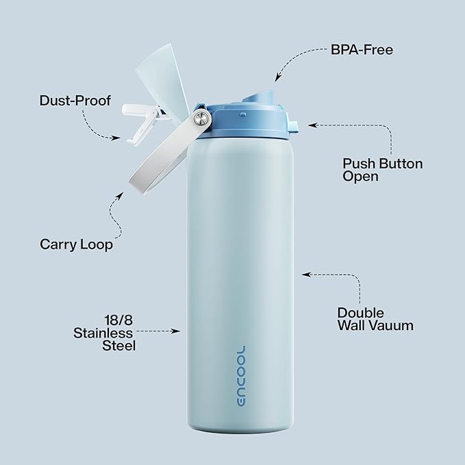 Insulated Water Bottle with Straw - Encool Stainless Steel Water Bottle with Push Button Lid, Leak-Proof & BPA-Free, Keeps Cold for 24 Hours for Sports, Travel, Gym (32 oz, Jungle Mist)