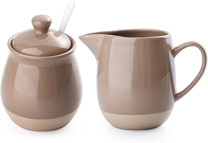 famiware Milkyway Ceramic Sugar and Creamer Set, 10oz Sugar Bowl & 13oz Creamer Set – Stoneware Milk Pitcher & Sugar Dispenser for Coffee Bar, Kitchen, Countertop, Coffee Serving Set, Cinnamon Brown