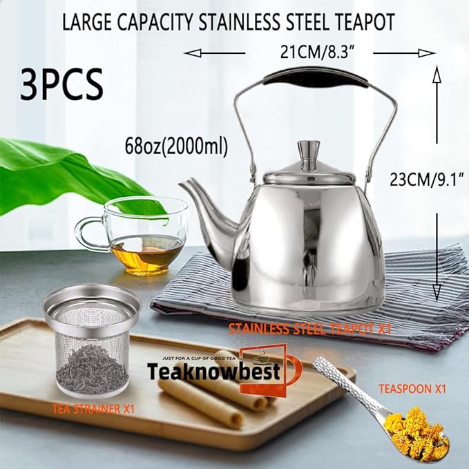 Stainless Steel Teapot with Infuser, Loose Leaf Tea Pot 68oz, Stovetop Safe Tea Kettle, Dishwasher Safe (2000ml)