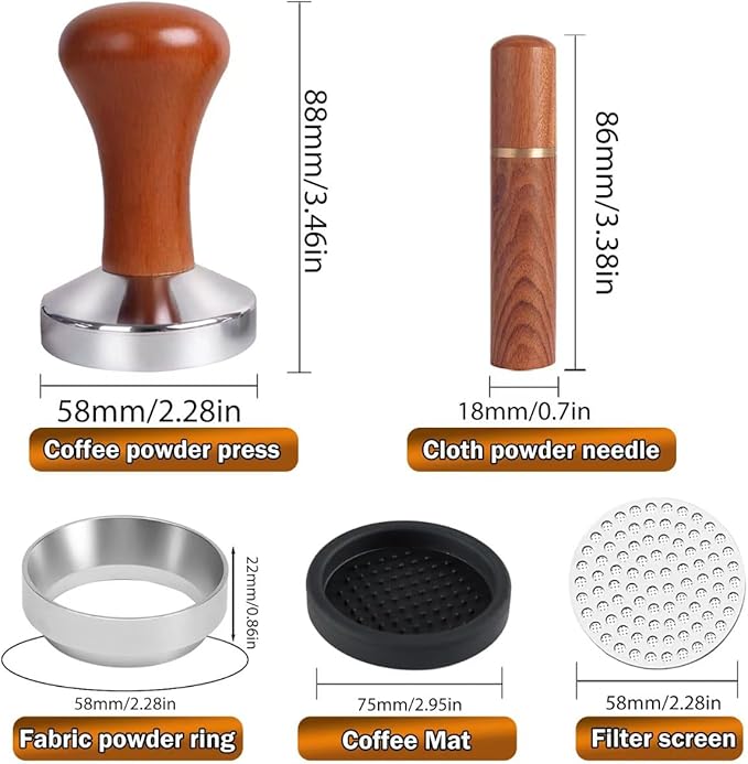 58mm Espresso Accessories Kit, Wooden Handle Espresso Tamper, WDT Tool, Puck Screen and Dosing Funnel Set Fits Delonghi 58 mm Espresso Coffee Machines and Portafilter, Barista Tools