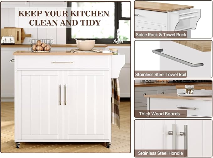 Kitchen Storage Island, Wooden Rolling Kitchen Island On Wheels with Countertop, Mobile Kitchen Island Cart with Towel Rack, Spice Rack and Drawers, White