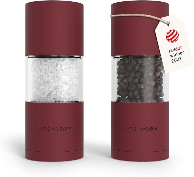 LARS NYSØM Salt and Pepper Grinder Set, Manual Salt and Pepper Mills with Adjustable Ceramic Grinder, Design Spice Shaker Set (Berry Red)