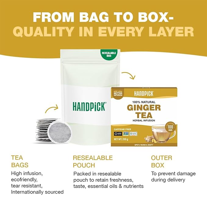 HANDPICK, Organic Ginger Tea Bags (100 Herbal Tea Bags), Caffeine Free & 100% Pure Ginger Root |Soothing & Spicy Blend | Round Eco Conscious Teabags