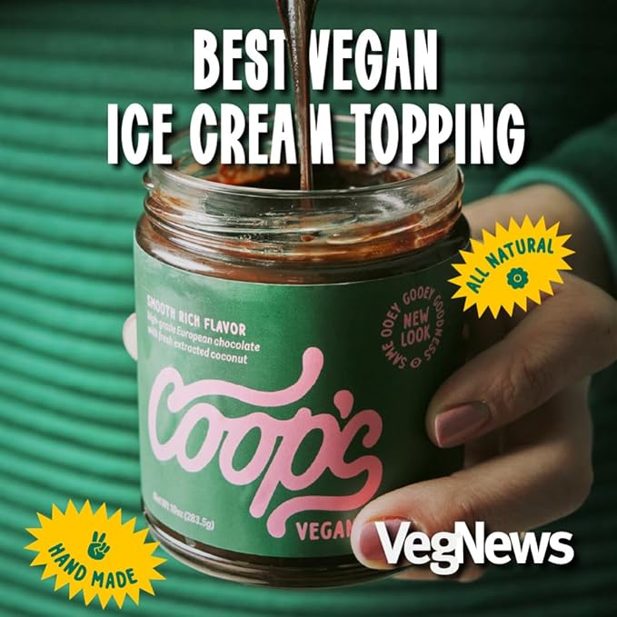 Coop's Vegan Hot Fudge Sauce 10.6 OZ - Gluten Free Vegan, Kosher, Non GMO, Gourmet, All Natural, Plant Based Dairy Free Whipped Topping for ICecream, Sundae, Panckaes, Milshake and more