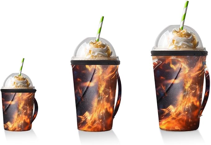 Fire American Football Reusable Insulator Coffee Sleeves for Drinks Beverages, Neoprene Holder with Handle for Most Coffee or Ice Drink, 24-28oz