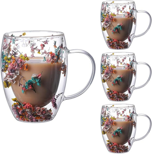 Double Wall Glass Coffee Mugs Set of 4 Espresso Cups for Cappuccino Tea Latte Cute Mug Insulated Glasses