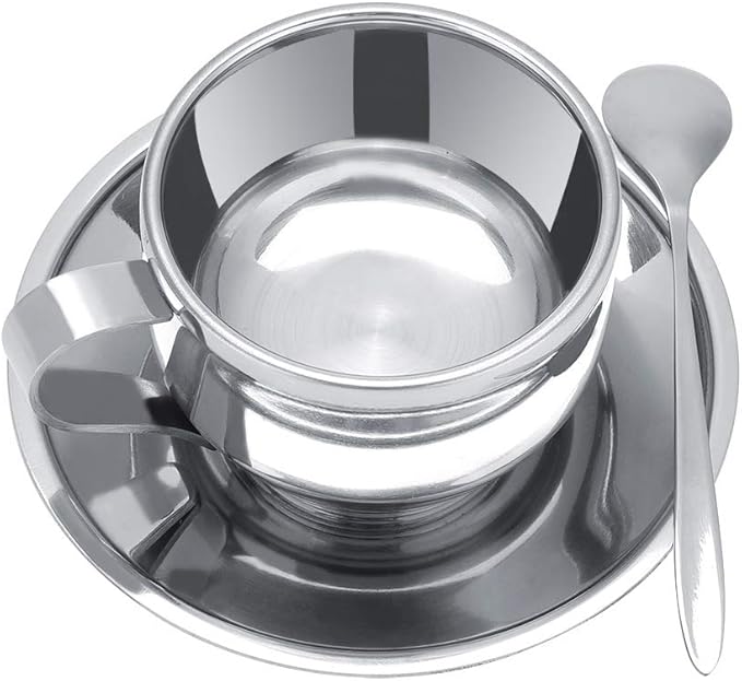 Stainless Steel Mug and Saucer Set, 4 oz Insulated Coffee Cup Double Wall Espresso Cups with Saucer and Spoon Coffee Mug for Latte, Cappuccino, Milk, Tea, Hot and Cold Beverages