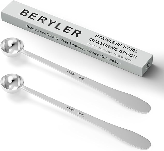 BERYLER 2PCS 1 Teaspoon(1tsp, 1/3tbsp, 5 ml) Single Measuring Spoon, Extra-long Handle Individual Measure Scoop, Stainless Steel Spoons Only