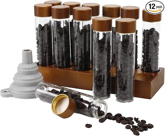 Coffee Espresso Bean Storage Tubes Set – 12pcs 60ml Airtight Glass Single Bean Coffee Storage Tube with Bamboo Lids & Walnut 12-Slot Stand, Espresso Container with Funnel & Labels for Barista