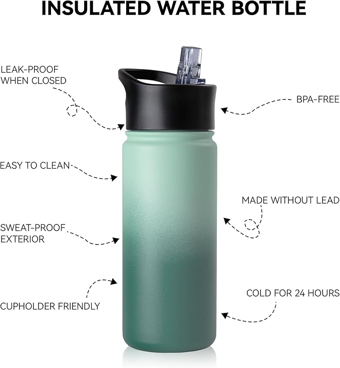 16 oz Insulated Water Bottle Bulk 4 Pack, Straw & Spout Lid, Keep Cold 24H, Spill Proof, BPA-Free, Double Wall, Stainless Steel Kids Water Bottles for School, Sports, Green Gradient