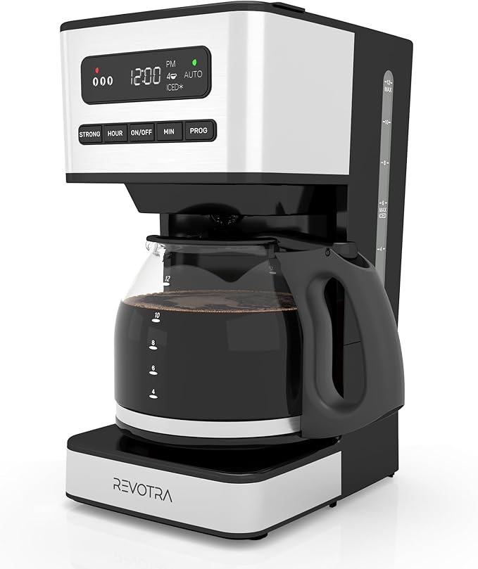 REVOTRA 12-Cup Programmable Coffee Maker, Regular & Strong Brew Drip Coffee Machine, 1-4 Cup and Ice Coffee Setting, 24H Timer, Auto Shut-Off, Keep Warm, Pause & Serve