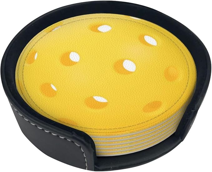 Pickleball Coasters for Drinks with Holder Round Leather Coasters Set of 6 Cups Mugs Mat Pad for Home Kitchen Bar