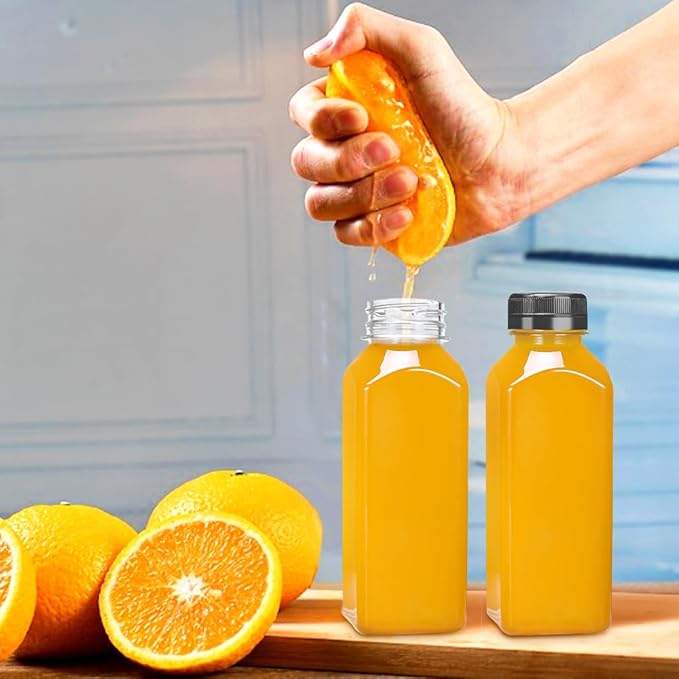 Juice Bottles - 12oz Bottles with Lids, 6 pcs Plastic Juice Containers with Caps Reusable Drink Containers for Juice Milk Coffee Water Smoothie and Other Beverages Christmas gifts