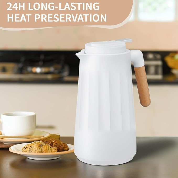 2 Pcs 34 oz Thermal Coffee Carafe for Keeping Hot/Cold Double Wall Vacuum Carafe with Insulated Glass Liner and Wood Handle Coffee Pot Container for Drinks Milk Tea Chocolates(White)