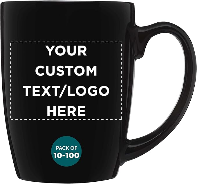 DISCOUNT PROMOS Custom Curved Java Coffee Mug 12 oz. Set of 10/50/100 - Personalized Bulk Pack - Stoneware Restaurant Cups - Black