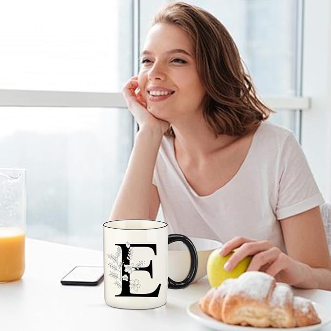 Monogram Ceramic Coffee Mugs, 11 oz Initial Drinking Cup with Gift Box, Unique Birthday Christmas Gifts for Women Wife Mothers Day Grandma Mom Aunt, E